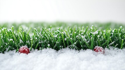 A close-up of green grass peeking through white snow with red berries scattered.
