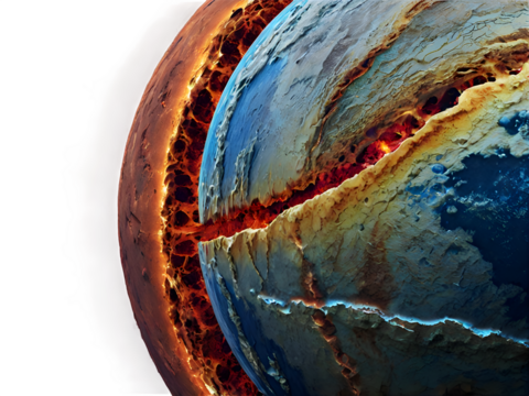 A detailed cross-section of a planet showing its core, mantle, and crust layers.
