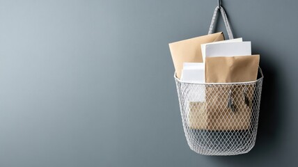 Fototapeta premium Wire basket hanging on wall, filled with envelopes and packages