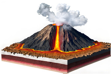A cutaway diagram showing magma chambers and a volcano in eruption.
