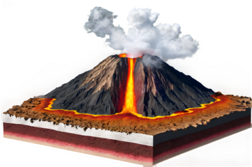 A cutaway diagram showing magma chambers and a volcano in eruption.

