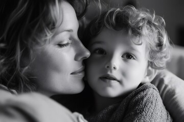 Mother embracing her smiling child in black and white