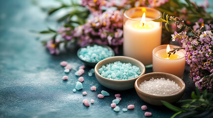 Relaxing spa composition with burning candles and colorful bath salt
