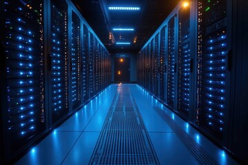 Obraz premium modern data center interior with blue led lights illuminating rows of server racks network cables and advanced cooling systems