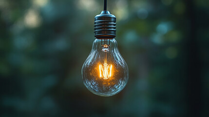 A single glowing lightbulb suspended in mid-air, softly illuminated, symbolizing a moment of inspiration or a brilliant idea, with blurred empty space on the side, creating a sense of chaos