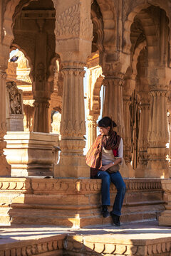 View of ornate sandstone columns and arches at Bada Bagh, Jaisalmer, India.