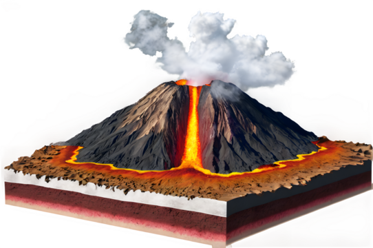 A cutaway diagram showing magma chambers and a volcano in eruption.
