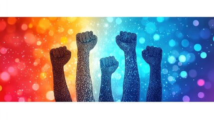 A vibrant illustration of raised fists symbolizing unity and empowerment against a colorful background.