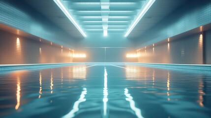 Indoor swimming pool with teal lighting and reflections.