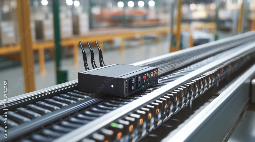 Poster industrial router with antennas is managing an automated production line inside a modern factory, en