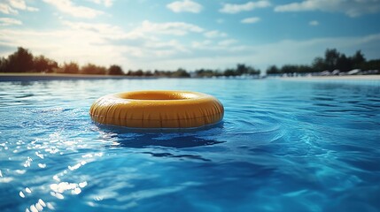 A bright yellow inflatable ring floats in a tranquil blue pool under a sunny sky.