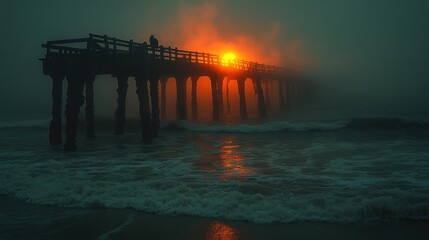 Fototapeta premium Foggy sunrise over ocean pier.