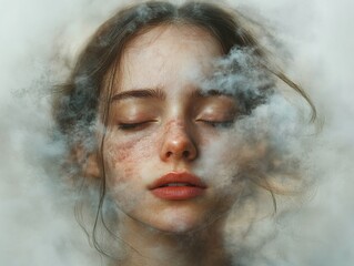 A serene portrait of a woman surrounded by ethereal clouds, evoking tranquility and introspection.