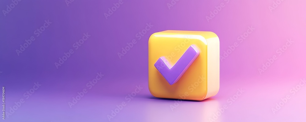 Poster purple check mark in yellow rounded square on gradient background