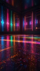 A vibrant 1980s disco dance floor illuminated by colorful neon lights.