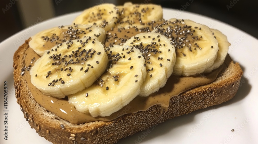 Poster a close-up of a slice of whole grain toast topped with peanut butter and banana slices, sprinkled wi