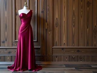 Naklejka premium Elegant Maroon Satin Gown on Wooden Background Fashion Dress Style