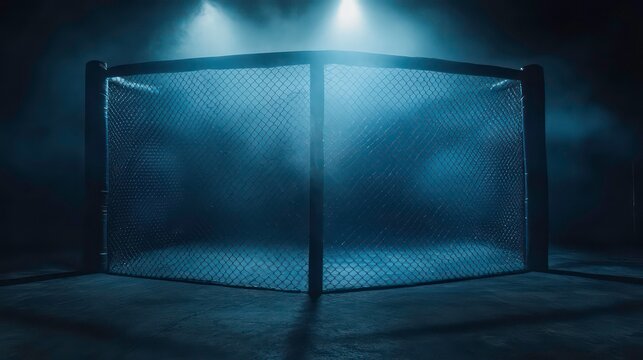 Empty octagon MMA cage in dark arena with spotlights and fog.