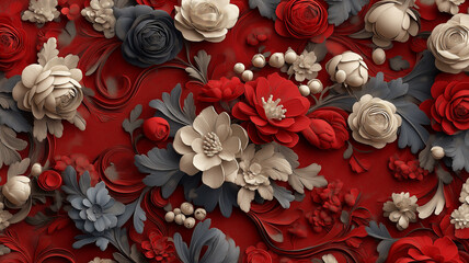 Elegant floral pattern with red, white, and blue flowers