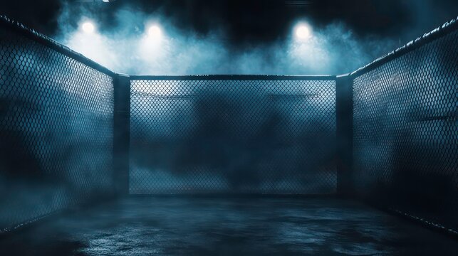 Dark, smoky MMA cage interior with dramatic lighting.