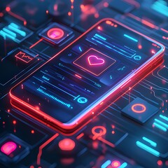 Modern smartphone displaying health monitoring features with vibrant neon graphics in a digital setting