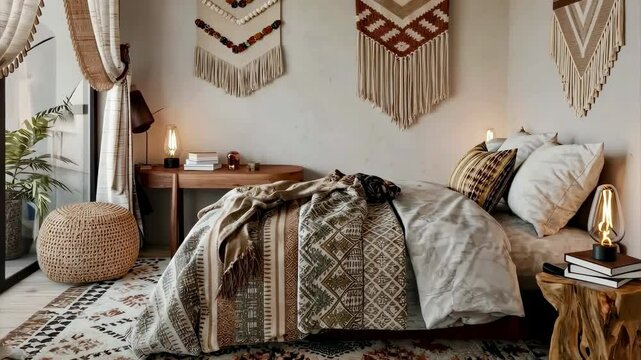 Bohemian style bedroom, featuring macrame wall hangings, a patterned blanket, and wooden furniture.