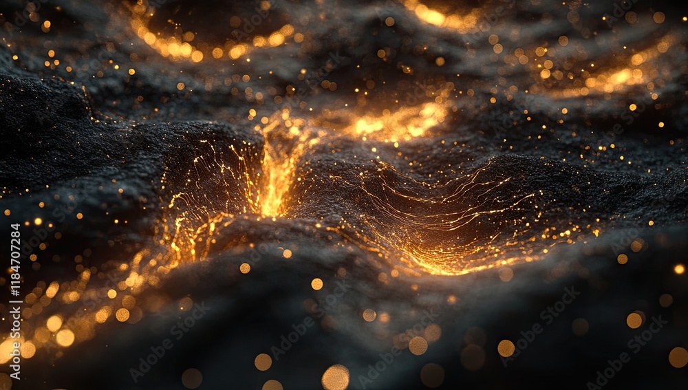 Poster a luminous abstract wave on a dark, gleaming surface, creating a magical, illuminated space
