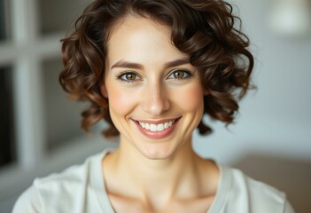 Naklejka premium Portrait of a smiling woman with short brown hair