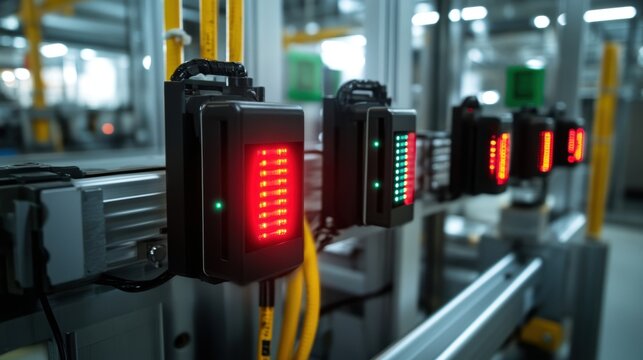 Automation sensors featuring led indicators are displaying the status of the manufacturing process on a production line within a high tech factory environment