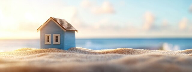 A small blue house on a sandy beach with ocean waves and a bright sky.