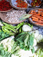 Various types of fresh vegetables and various spices are sold in traditional markets.