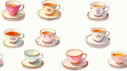 Nine floral teacups and saucers, pastel hues