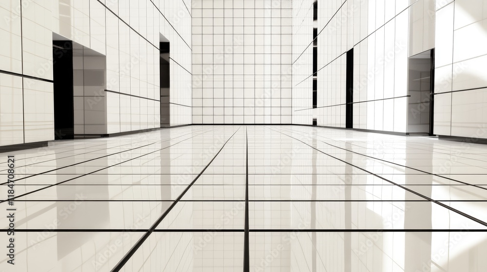 Poster a clean, futuristic white room with black grid patterns intersecting on walls and floors, perfect fo