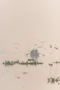 View of serene Yamuna Ghat with tranquil river and silhouette of people rowing, New Delhi, India.