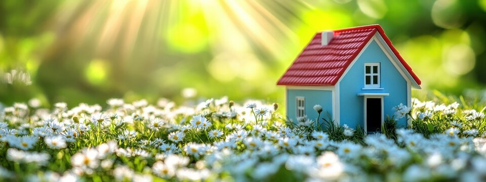A small blue house surrounded by flowers, illuminated by sunlight.