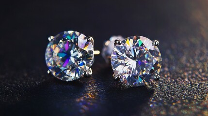 A close-up of diamond earrings with a sparkling, multi-faceted design, displayed on a dark background to enhance their dazzling appearance.