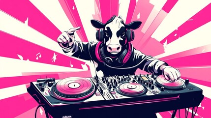 Cow dj playing music with pink headphones and mixer on pink background