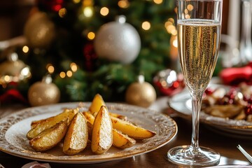 Obraz premium Festive table arrangement showcasing golden potato wedges and an elegant champagne glass perfect for a warm christmas celebration and holiday get-togethers