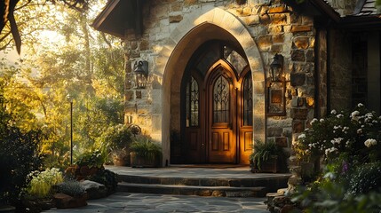 Fototapeta premium Beautiful stone cottage entrance with warm afternoon light and lush garden