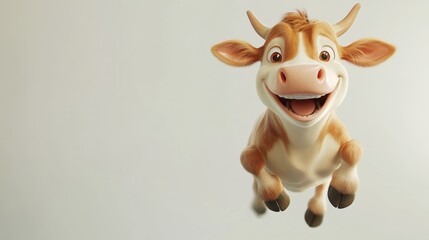 Joyful cartoon cow jumping and smiling on white background