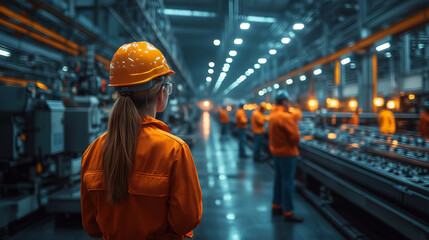 A diverse group of workers standing near high-tech factory equipment, ready for collaboration and teamwork. bright lighting, contrast