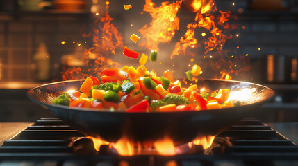 A kitchen scene with a chef expertly tossing colorful vegetables in a wok, with flames rising from the stove