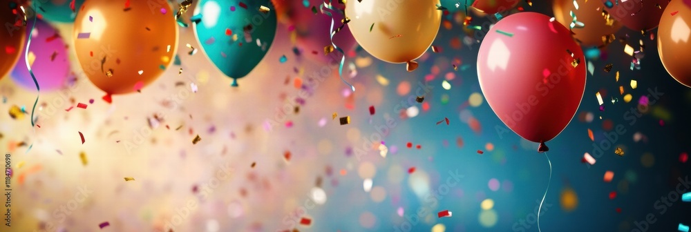 Poster colorful balloons and confetti create a vibrant and festive atmosphere for celebrations and joyous o