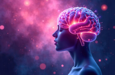 Obraz premium A radiant brain with delicate feminine features surrounded by soft pink and blue tones. The concept of women's thoughts with copy space