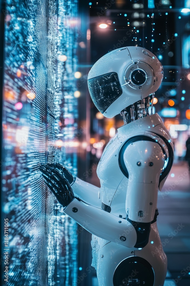 Aufkleber robot interacts with glowing data screen at night.