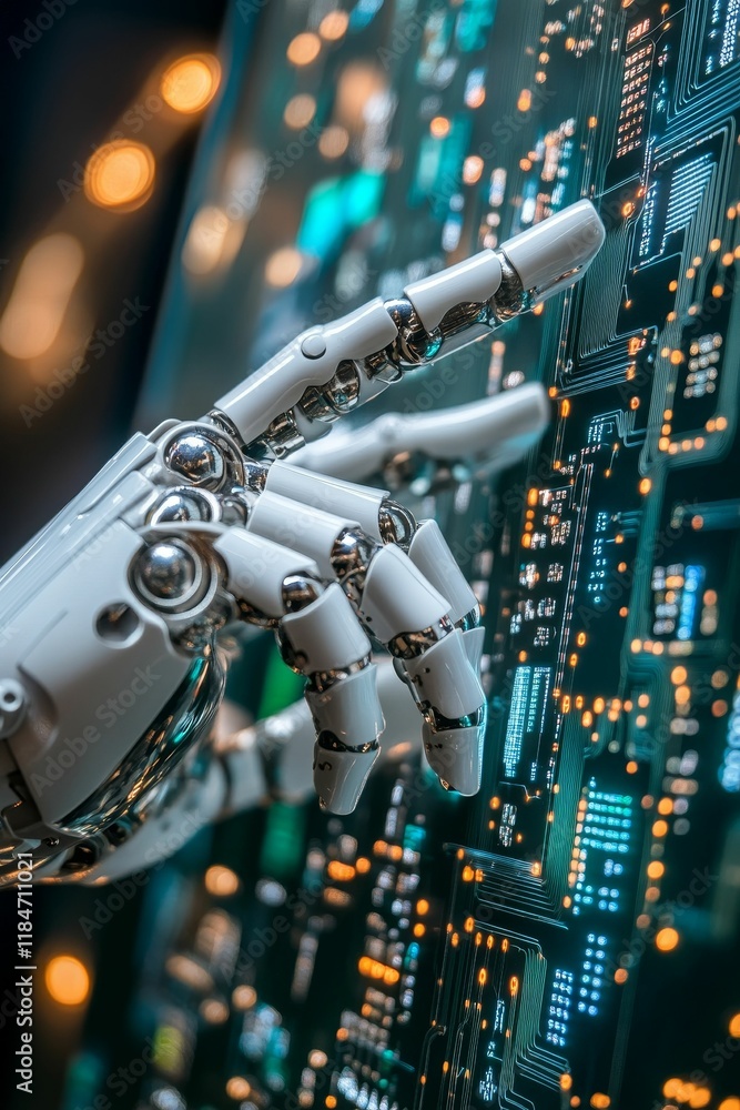 Poster robotic hand interacts with illuminated circuitry.