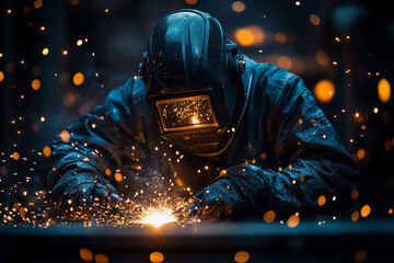 Worker operating a robotic welding machine, sparks flying in the background, bright lighting, contrast