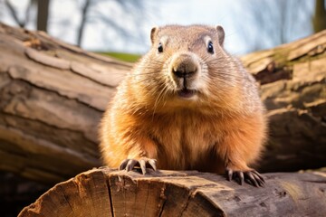 Groundhog standing on a log, enjoying the sunny weather in its natural habitat