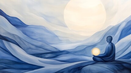 Serene Meditation in Tranquil Blue Mountain Landscape at Sunrise
