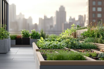 Fototapeta premium A serene urban rooftop garden featuring lush greenery and vegetable beds, set against a backdrop of city skyscrapers.